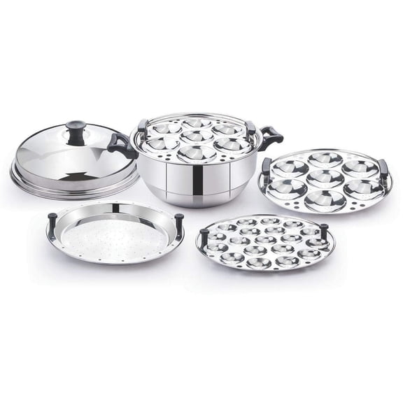Stainless Steel Sumo 12 Multi Kadai - Silver, 4 Liters | 2 Idli Plates   1 Momos Plate   1 Mini Idli Plate - Multipurpose Vegetable Steamer, Momo Steamer, Rice Steamer | Sturdy & Durable