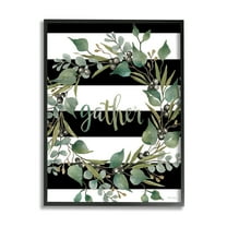 Stupell Industries Gather Calligraphy Stripes Pattern Wreath Botanicals Leaves Graphic Art Black Framed Art Print Wall Art, Design by Cindy Jacobs
