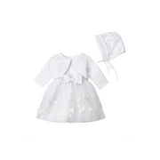 AvoDovA Newborn Baby Girls 3Pcs Princess Outfits Christening Baptism Gown Sleeveless Tulle Lace Dress   Long Sleeve Shawl   Hat Sets 0-3 Months