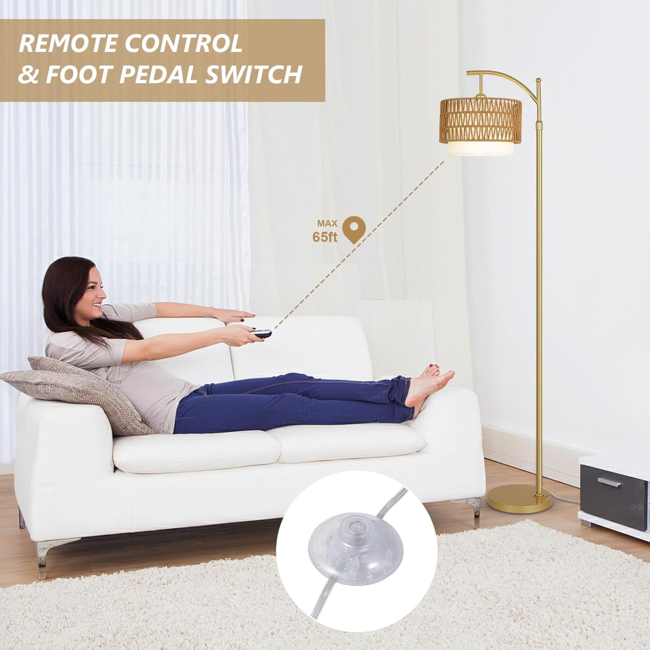 Noble House Modern Rattan Floor Lamp, Remote Dimmable, Adjustable Tall & Color Temperatures, Straight Drum Shade, Gold