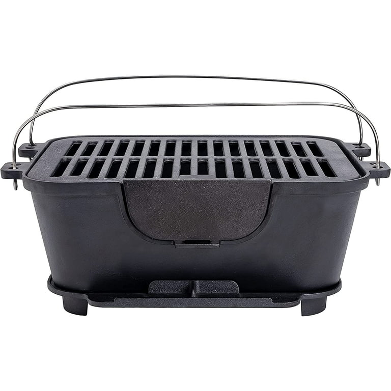 Bruntmor Pre-Seasoned Hibachi-Style Portable Cast Iron Charcoal Rectangle  BBQ Grill, 14 x 12 Grilling Surface