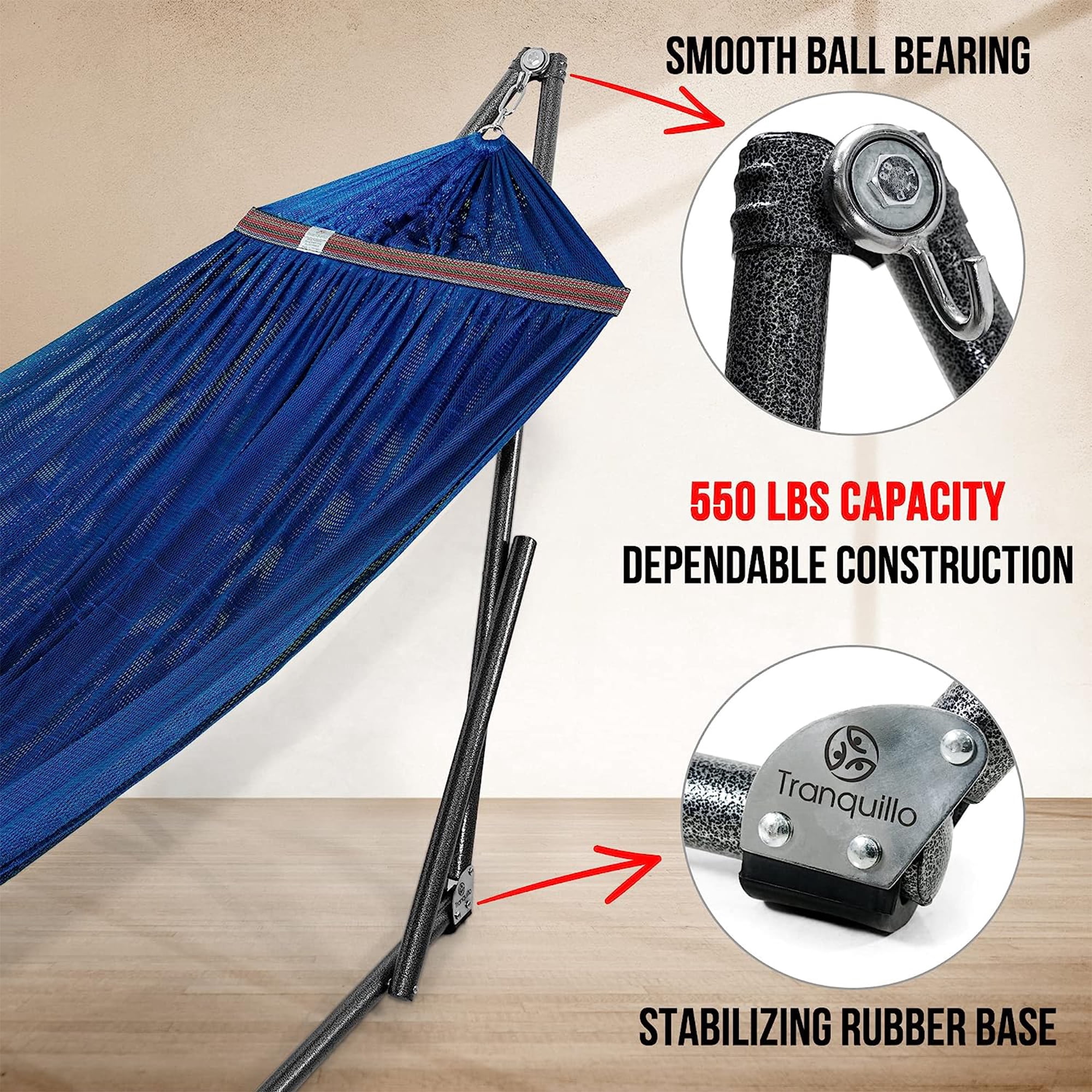 Tranquillo Universal 106.5" Double Hammock w Adjustable Stand & Bag, Aegean