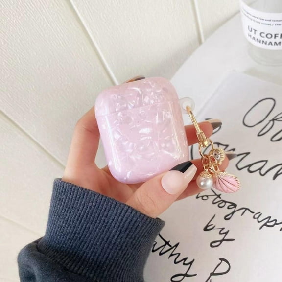 CASELIX AirPods Case with Pearl Keychain Shell Pattern Cute Girls Woman Case for Airpods Cases- Pink Pearl