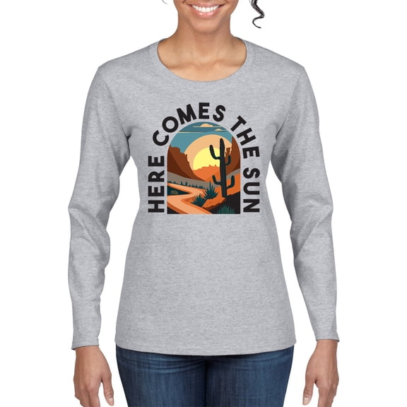 Wild Bobby Here Comes The Sun Desert Road Nature Lover Women Graphic Long Sleeve Tee, Heather Grey, Small