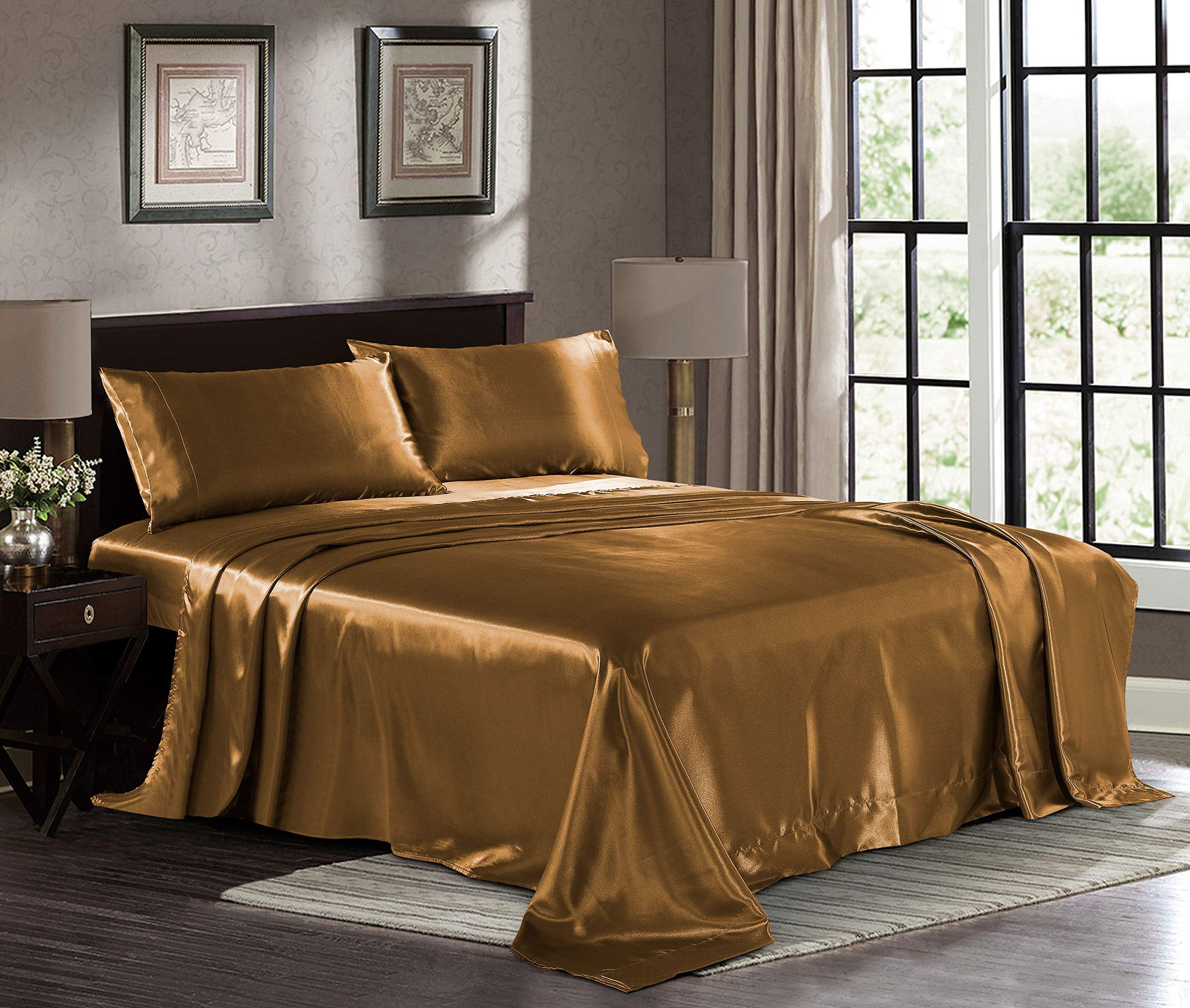 1 Flat Sheet Wrinkle Black 1 Deep Pocket Fitted Sheet Chvonttow 3 Piece Satin Sheets Twin Size Luxury Silky Satin Bed Sheets Set 1 Pillowcases Fade Stain Resistant
