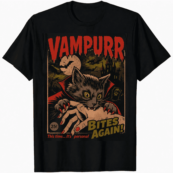 GODMERCH Vampire Black Cat Halloween T Shirt Unisex Vintage Bites Again Graphic Tee for Adults