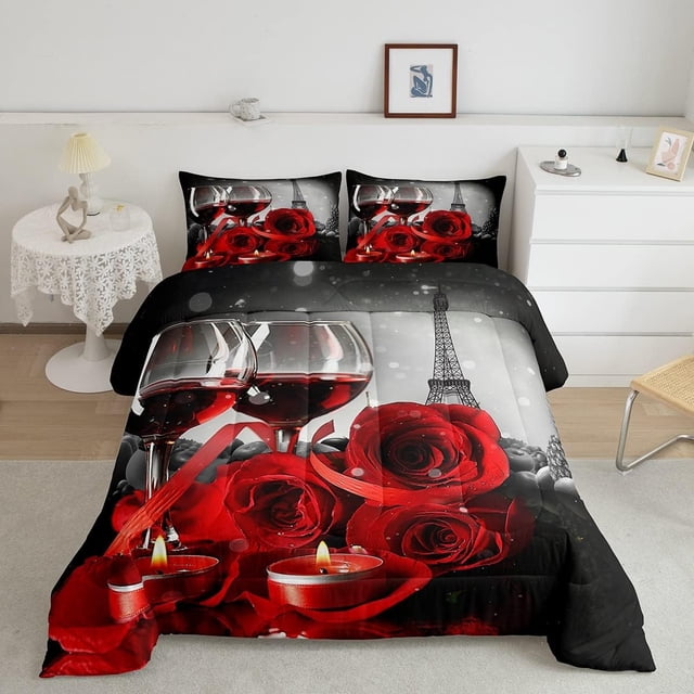 Juego de Cama Torre Eiffel para Niñas Twin Size Rojo Negro