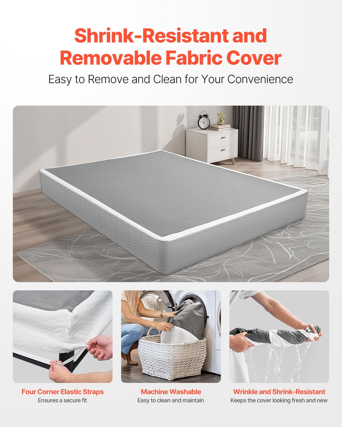 VEVOR Box Spring, Queen Size Bed Frame with Washable Fabric Cloth, Heavy Duty Metal Frame for Queen Bed, 9 in Mattress Foundation, 3500 lbs Max Weight Capacity, Easy Assembly