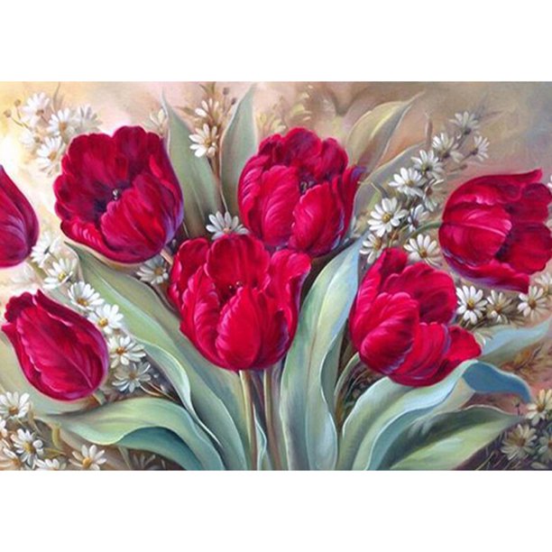 Pintura de diamante (DB3174) Flores Cuadro de diamantes de imitación redondo completo Arte del hogar (D286) 40x50cm Hugtrwg Para estrenar