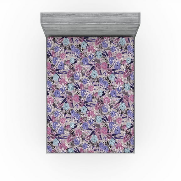 Ambesonne Asian Floral Fitted Sheet, Grunge Ornaments Roses, California King, Blue Violet Dried Rose