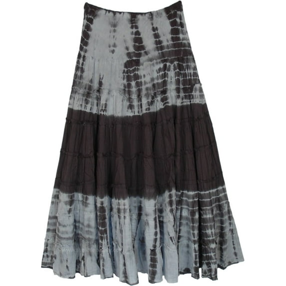 Franhais Women Retro Style Long Skirt, Elastic Waist Tie-dyed Print Ruffled Skirt for Ladies, Black/ Brown/ Green