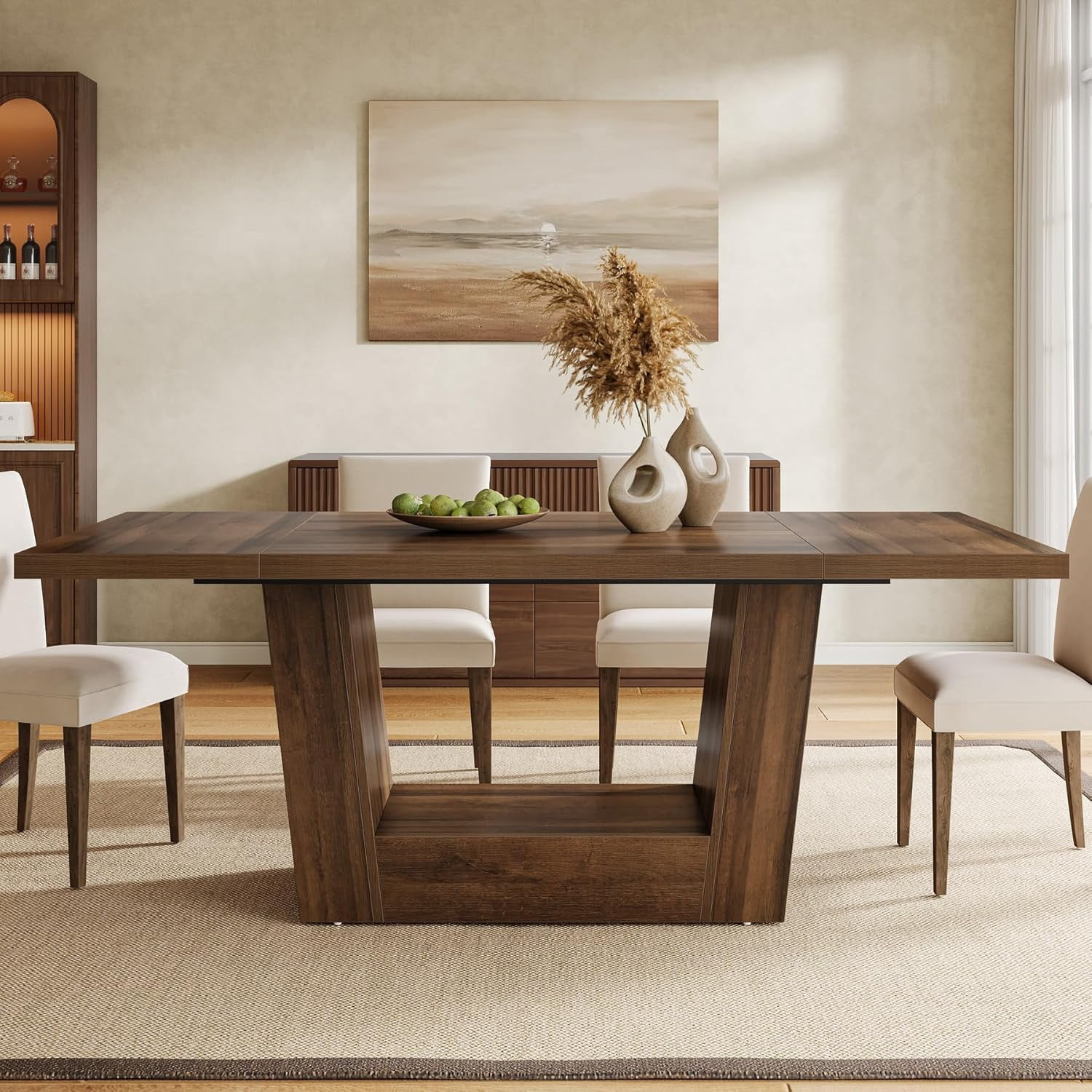 Tribesigns 63" Farmhouse Dining Table with Heavy-Duty Base for 4-6, Dining Room & Kitchen Furniture, Brown