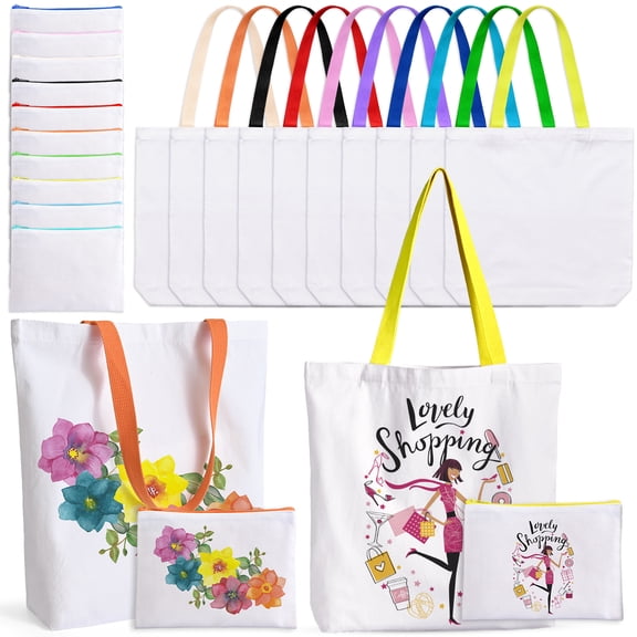 Sublimation Blanks Canvas Tote Bags and Makeup Bags , Reusable Grocery, Multicolor Widen Tote Bag for DIY, Advertising, Craft Gifts, 20-Piece