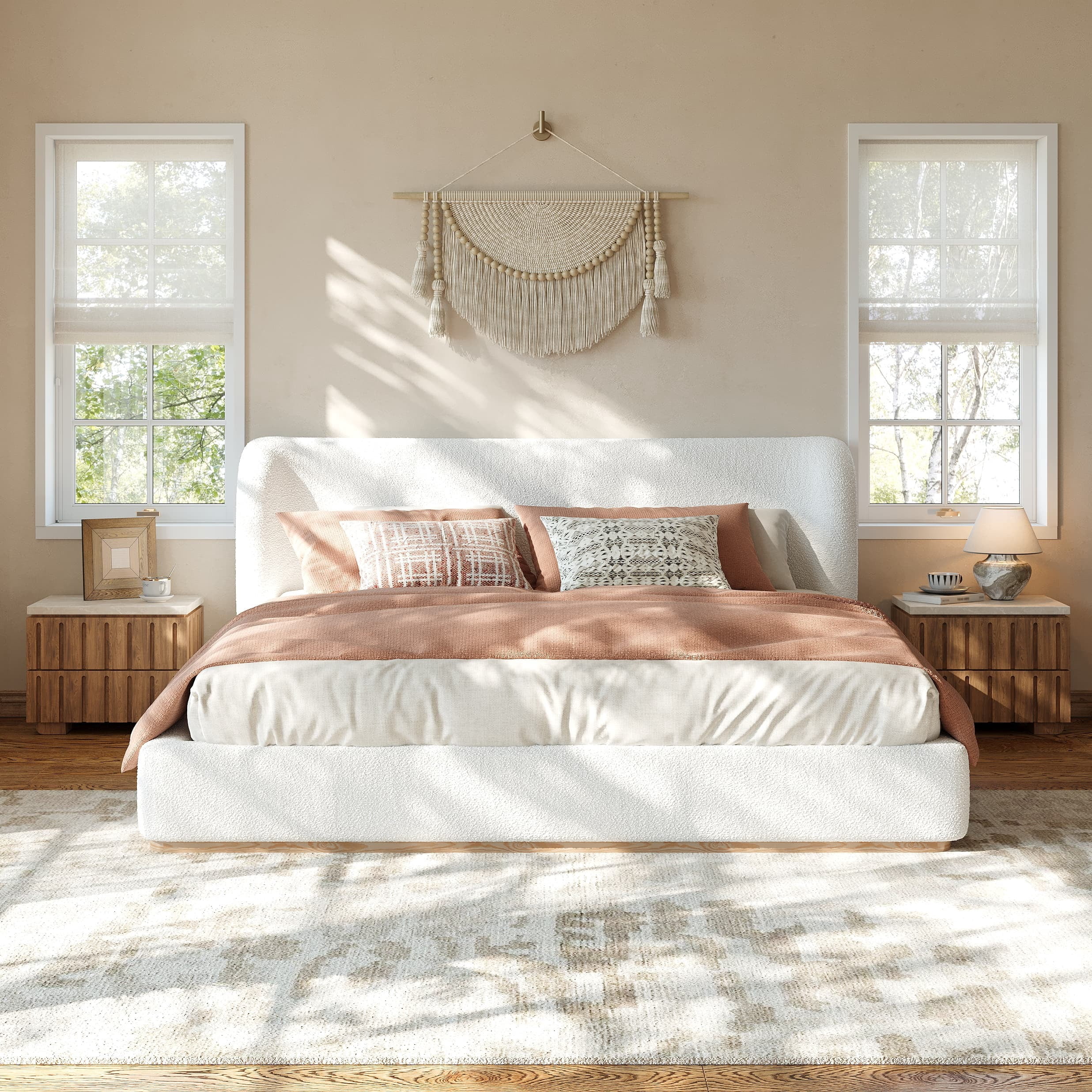 Euroco Upholstery King Size Platform Bed, White