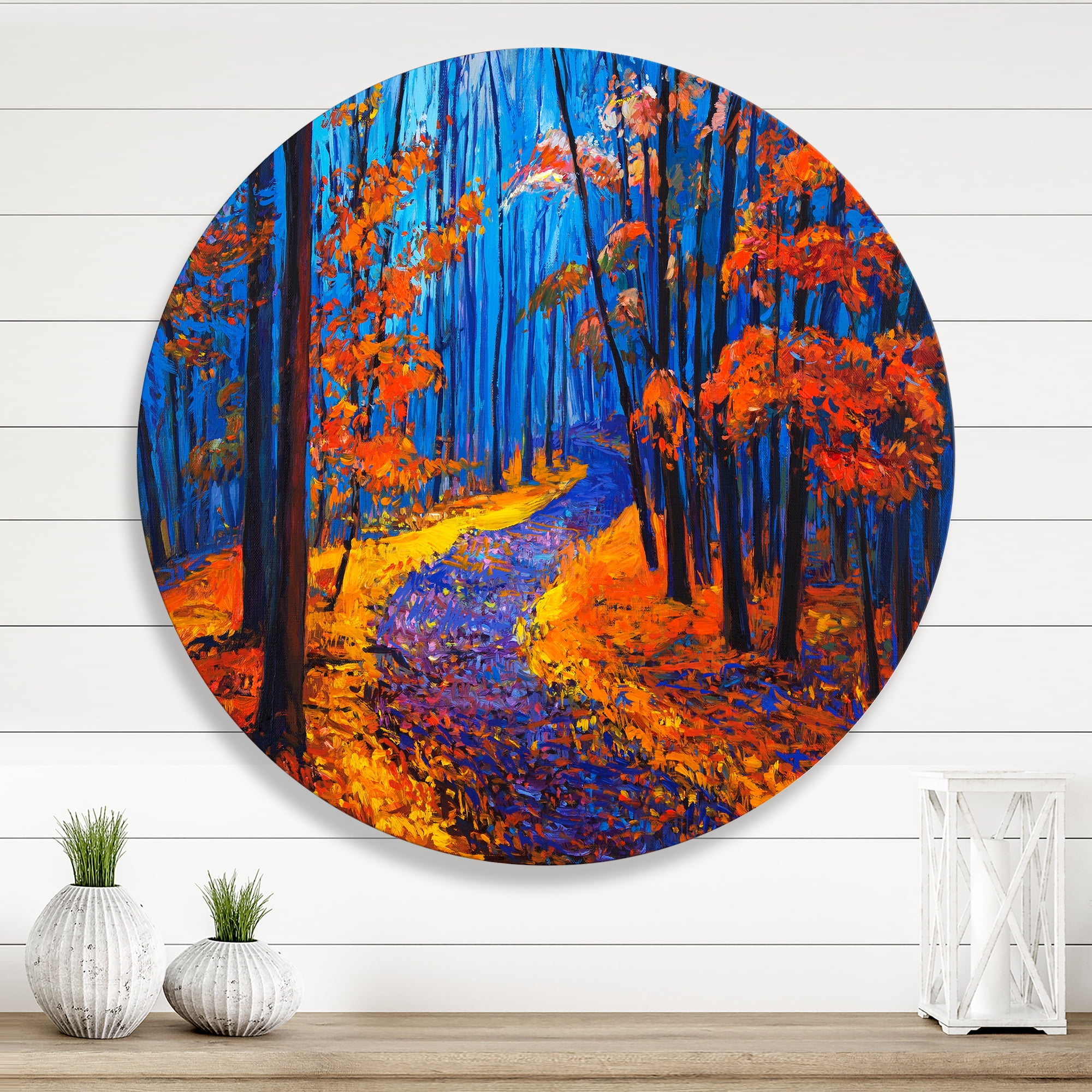Designart 'Orange Autumn Landscape With Little Road I' Traditional Circle Metal Wall Art 11x11 - Disc of 11