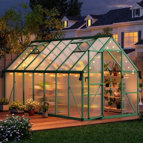 8x14FT Polycarbonate Walk-In Greenhouse, Aluminum Frame Plant House with Roof Vent Lockable Door Ground Nails, Outdoor Garden Backyard Vegetable Flower Shelter, Green