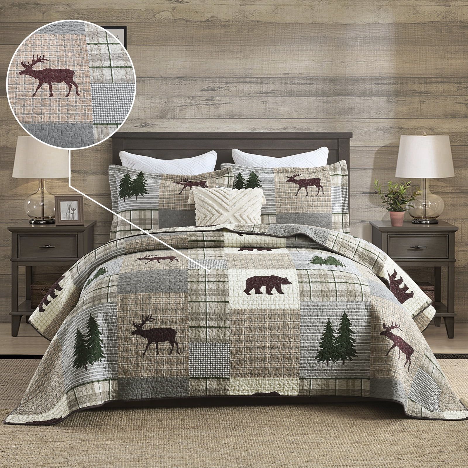 DDUOXIN Farmhouse Cotton Queen Quilt Set - 100% Cotton Brown Gray Patchwork Plaid Rustic Cabin Queen Size Bedspread, Neutral Lightweight Reversible Quiltd Coverlet Set with 2 Pillow Shams, 3 Piece
