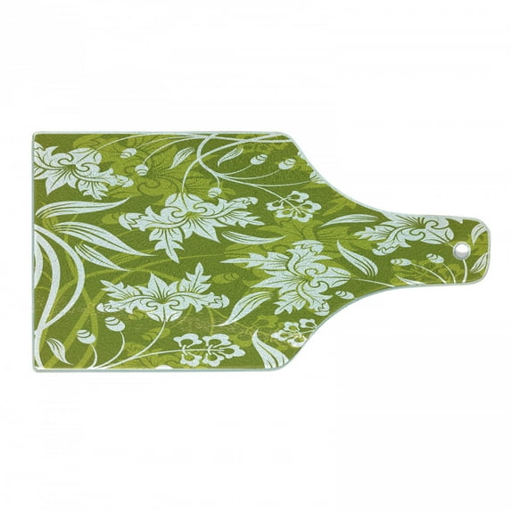 Floral Cutting Board, Flourishing Flower Pattern on Green Background Nature Illustration, Decorative Tempered Glass Cutting and Serving Board, Wine Bottle Shape, Pale Green White, by Ambesonne