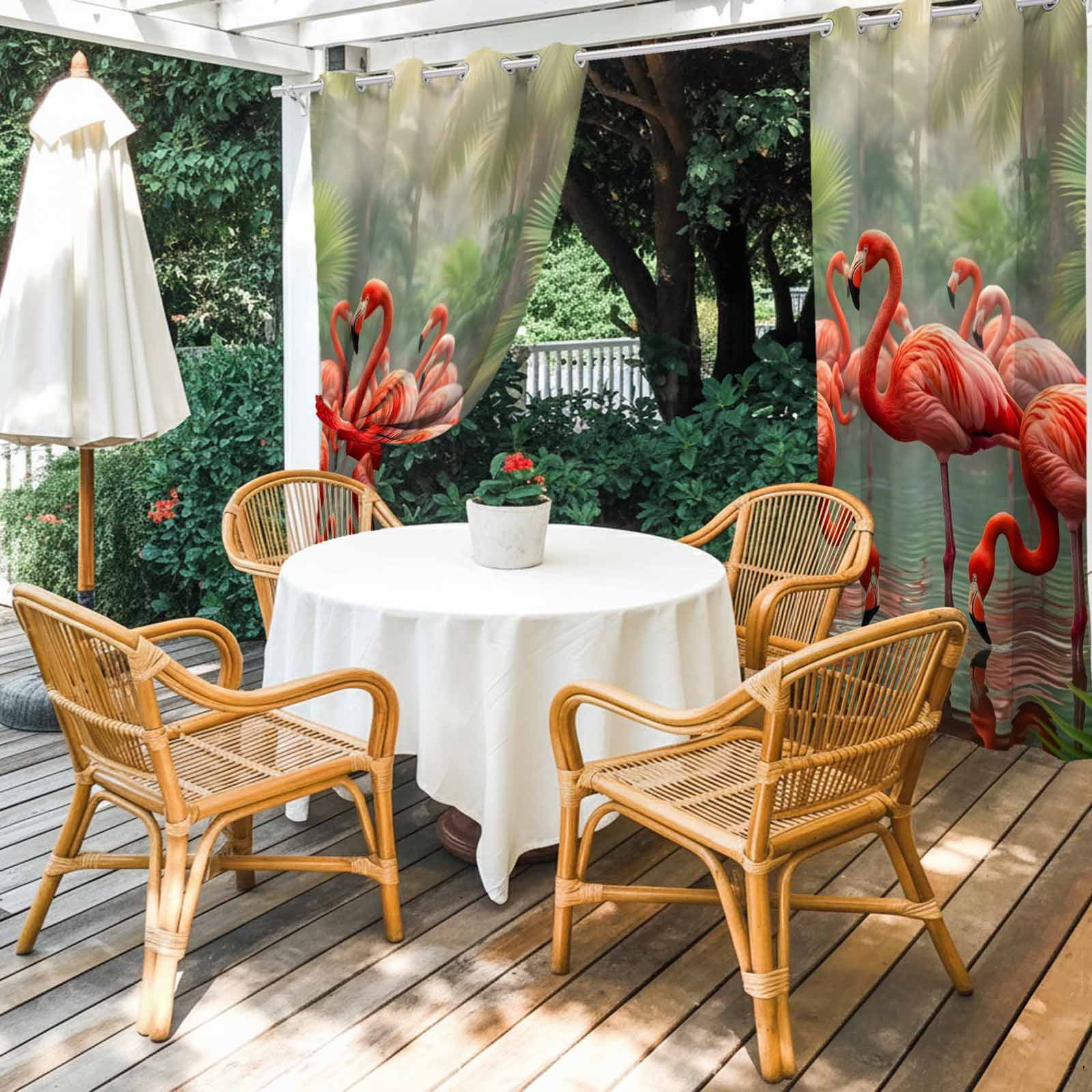 Flamingo Colony Outdoor Curtains for Patio, Animal Jungle Leaf Tropical Pond Rainforest Botanical Sunshade Privacy Drapes Grommet Waterproof Outside Curtains for Porch Balcony 54"x108", 1 Panel