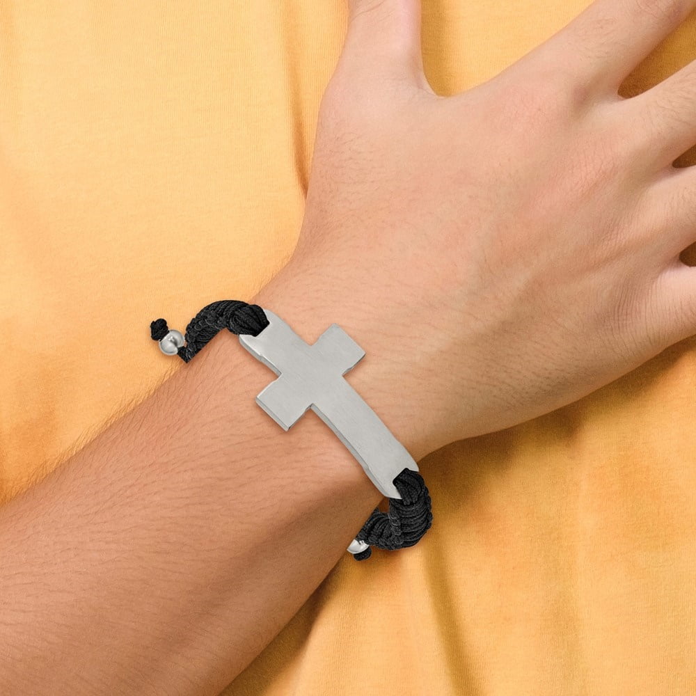 Diamond2Deal Stainless Steel Brushed and Polished Cross Black Nylon Adjustable Bracelet for Men