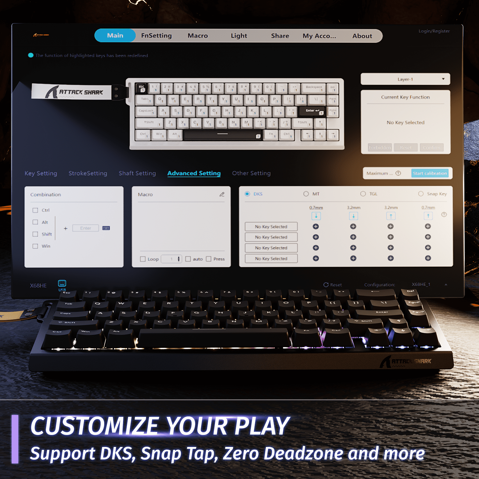 ATTACK SHARK X68 HE 8000Hz Rapid Trigger Keyboard, 0.01mm RT Accuracy Wired Gaming Keyboard with Magnetic Switch, Adjustable Actuation, Rapid Trigger, Snap Tap, RGB Lighting for PC/Mac, Black