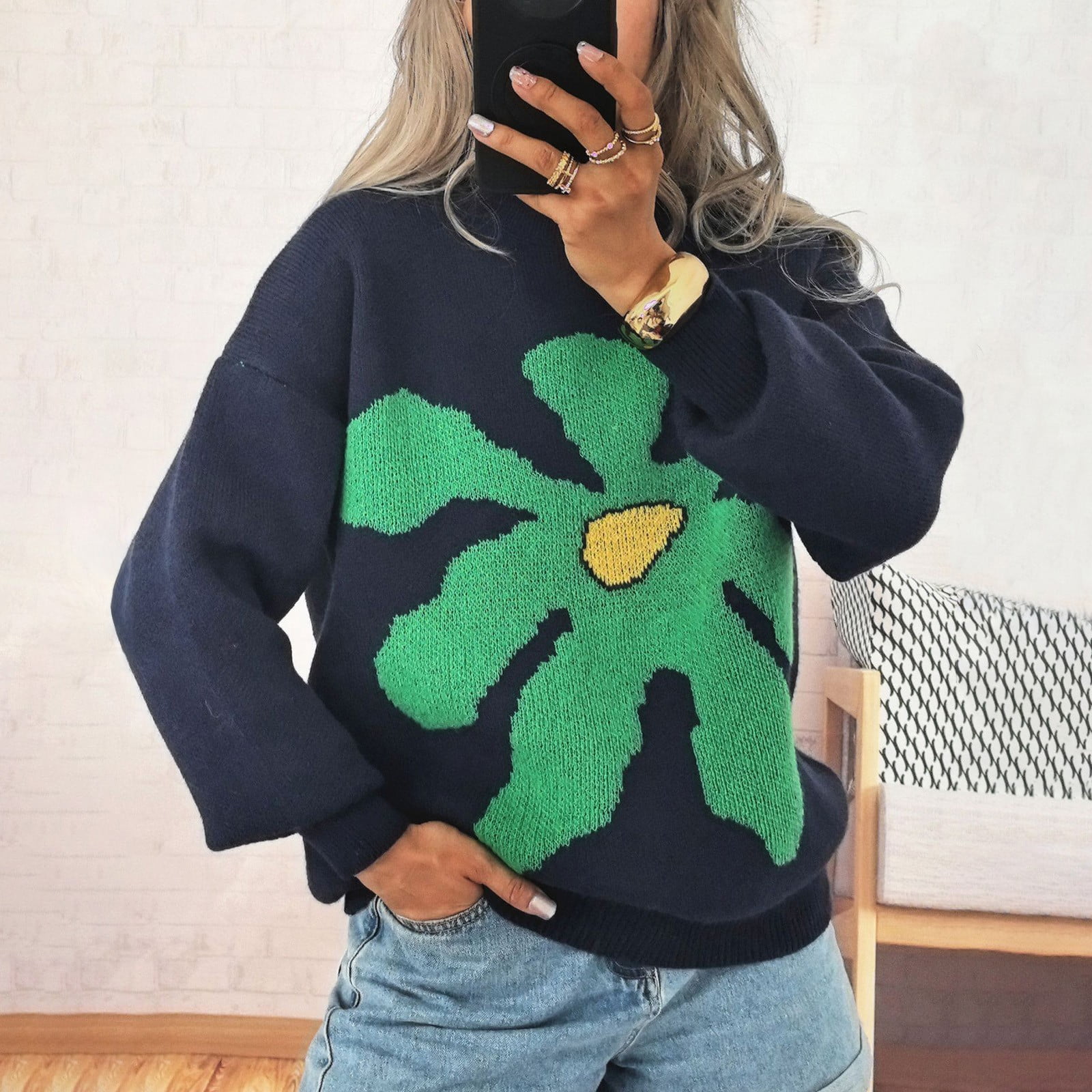 ManxiVoo Pullover Sweater for Women Long Sleeve Crewneck Soft Knit