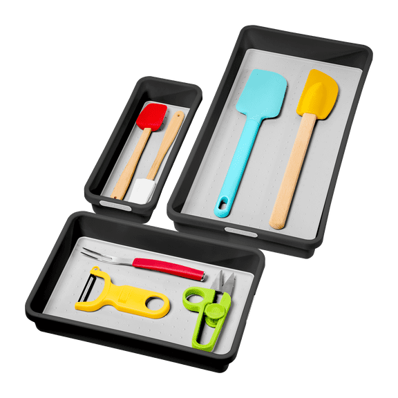 madesmart 3 Bin Organizer Pack, Versatile Drawer and Shelf Storage Solution, Soft-Grip Lining, BPA-Free, Carbon/Light Grey