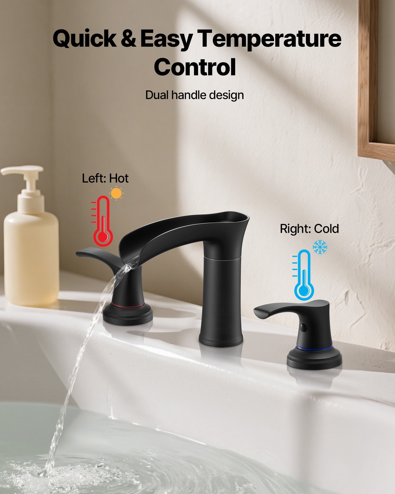VEVOR Roman Tub Faucet, 3 Hole Waterfall Bathtub Faucet, Zinc Alloy Bath Tubs Faucets Set with 2 Handles, Deck Mount Bath Tub Faucets Set for Pet Washing, Baby Care, Adult Bathing, Matte Black