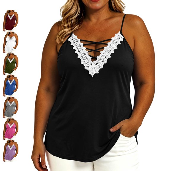 TGSLY Women's Plus Size Lace Trim Tank Tops Soft Crisscross V Neck Adjustable Spaghetti Strap Camisoles Loose Fit Dressy Casual Solid Color Tunic Sleeveless Shirts XXXXL