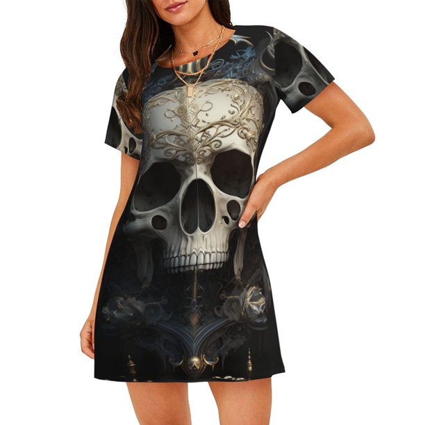 Fotbe Gold Pattern Skull Bata de Dormir para Mujer con Estampado, Camisón de Algodón de Manga Corta, Ropa de Dormir Casual