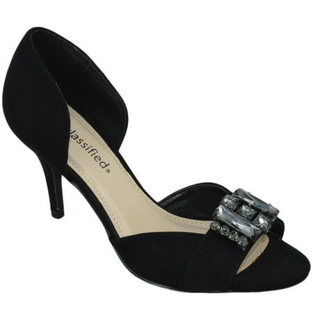 Womens Black Suede Pumps - City Classified Women Slip On Heels Open Toe Pumps Rhinestone POLAR Black Suede 5.5