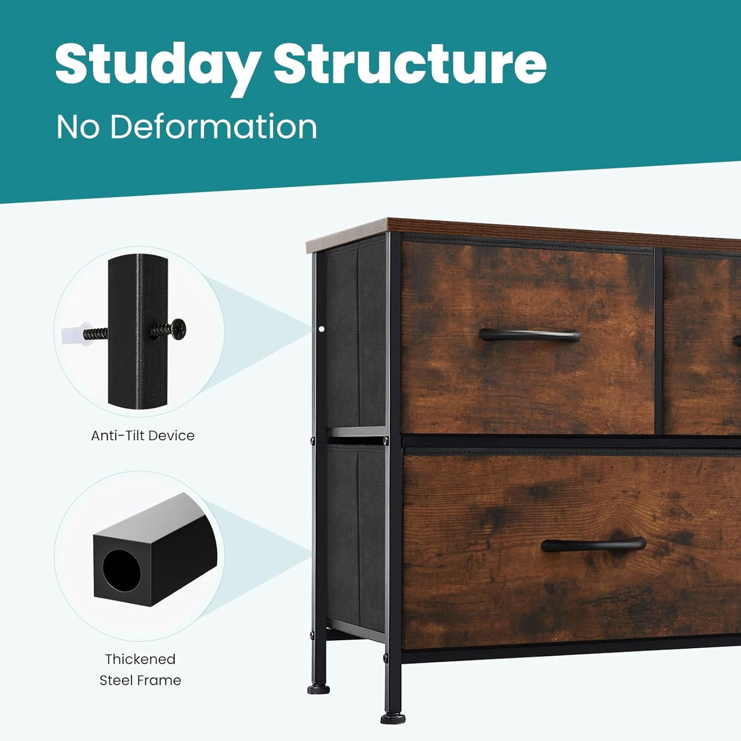 Atilioo 5 Drawers Storage Dresser, Fabric Closet Organizer with Sturdy Wooden Top and Metal Frame, Perfect for Bedroom, Hallway, or Living Room, Brown