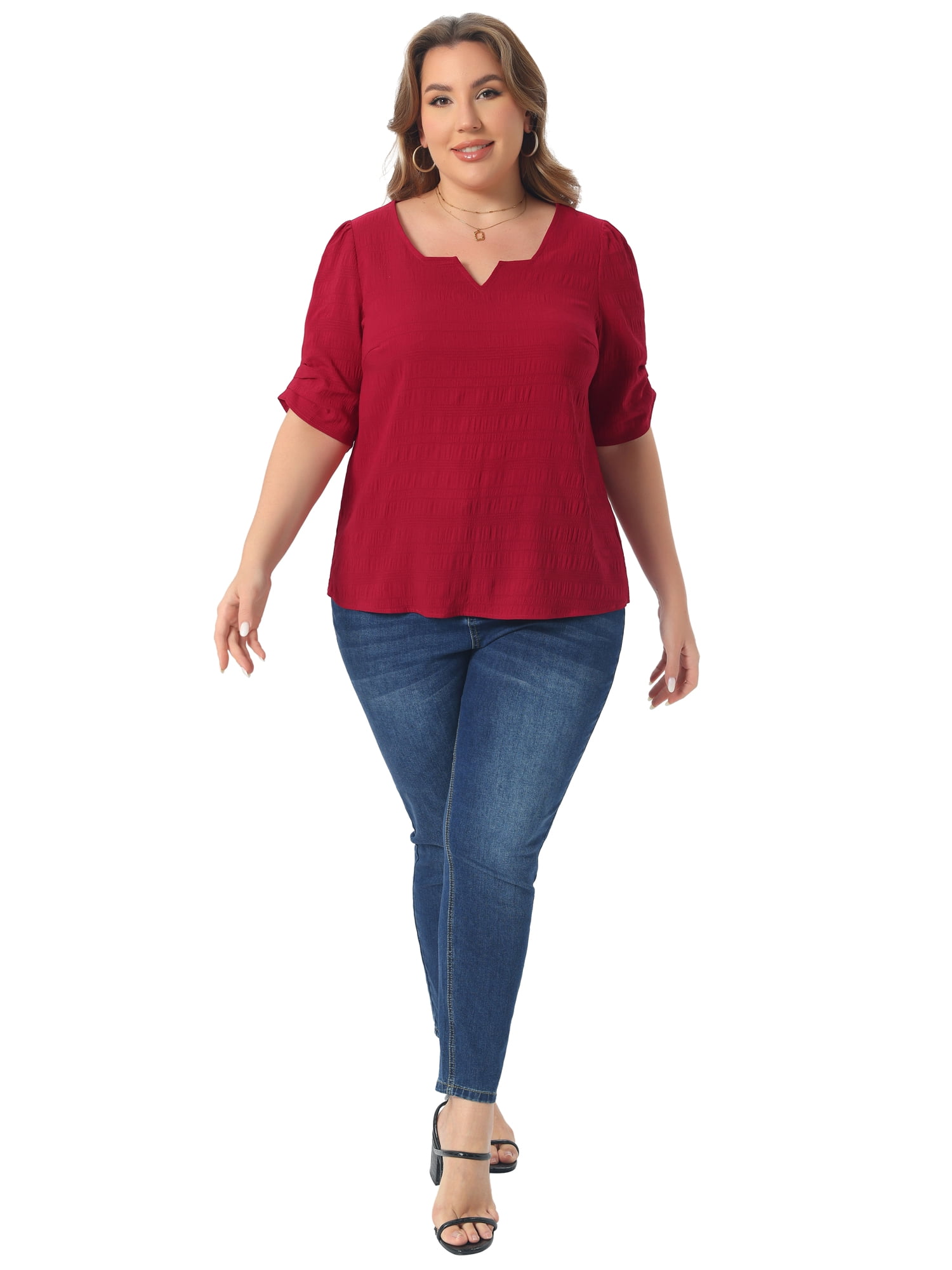 DARING DIVA Women's Plus Textured Notched V Neck Blouse 3X Burgundy