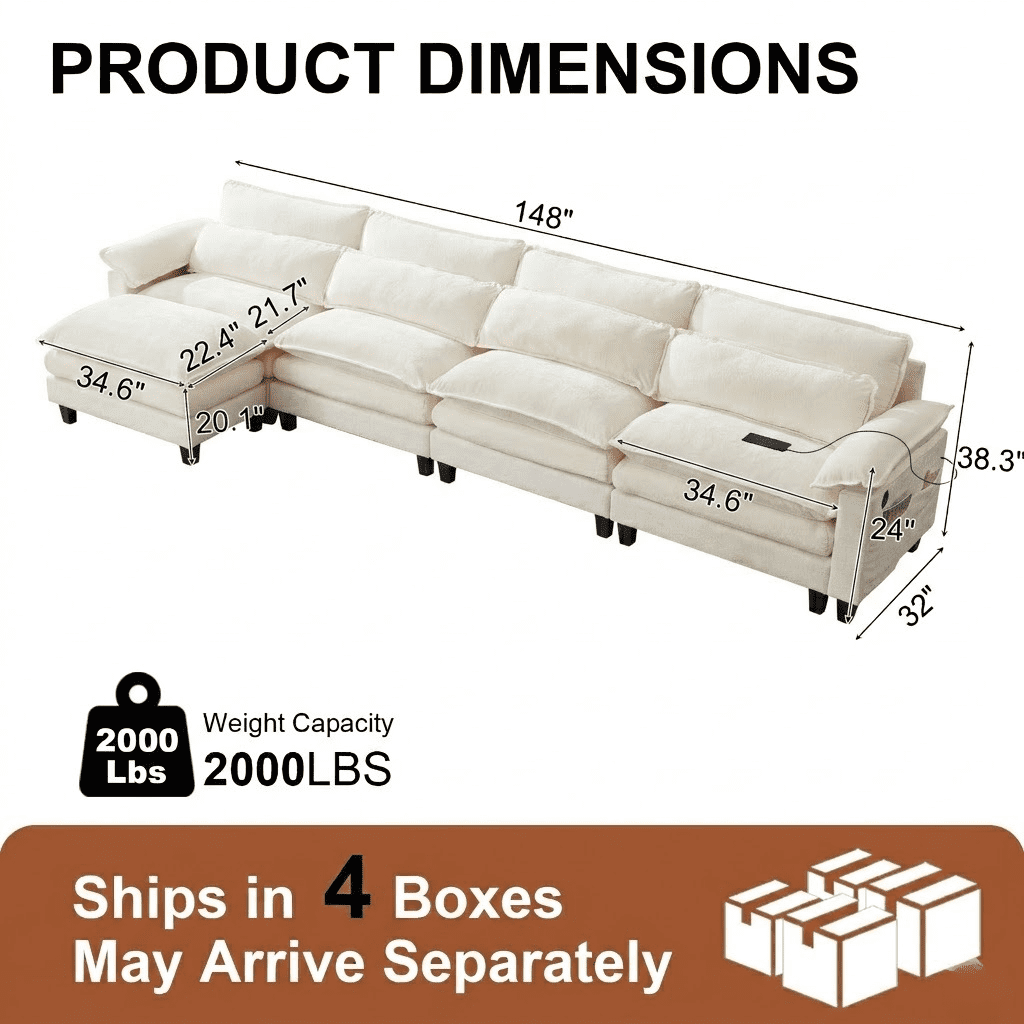 Howcool 148" Modular Sectional Sofa , 4 Seater L-Shaped Cloud Couch with Movable Ottoman, USB Charging Ports & Side Pockets, Sectional couchs for Living Room,Chenille Fabric,Beige