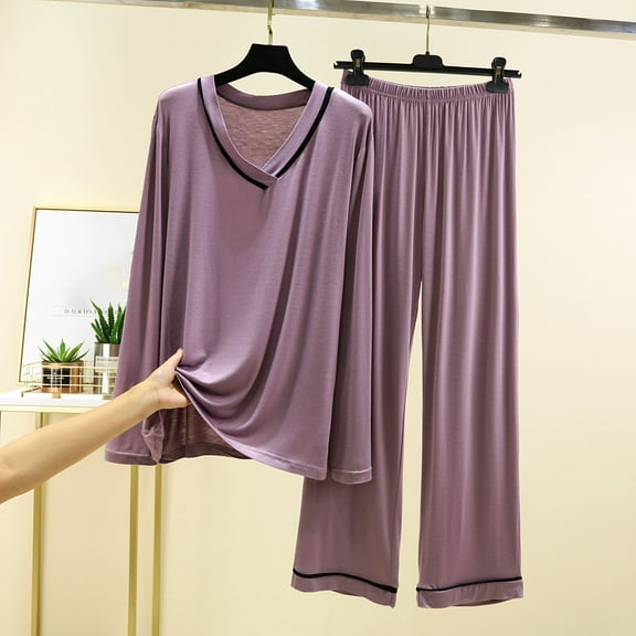 Herrnalise Women 2 Piece Modal Pajamas Sets Summer Long Sleeve Top and Drawstring Pants Soft Solid Color Sleepwear Suit Purple