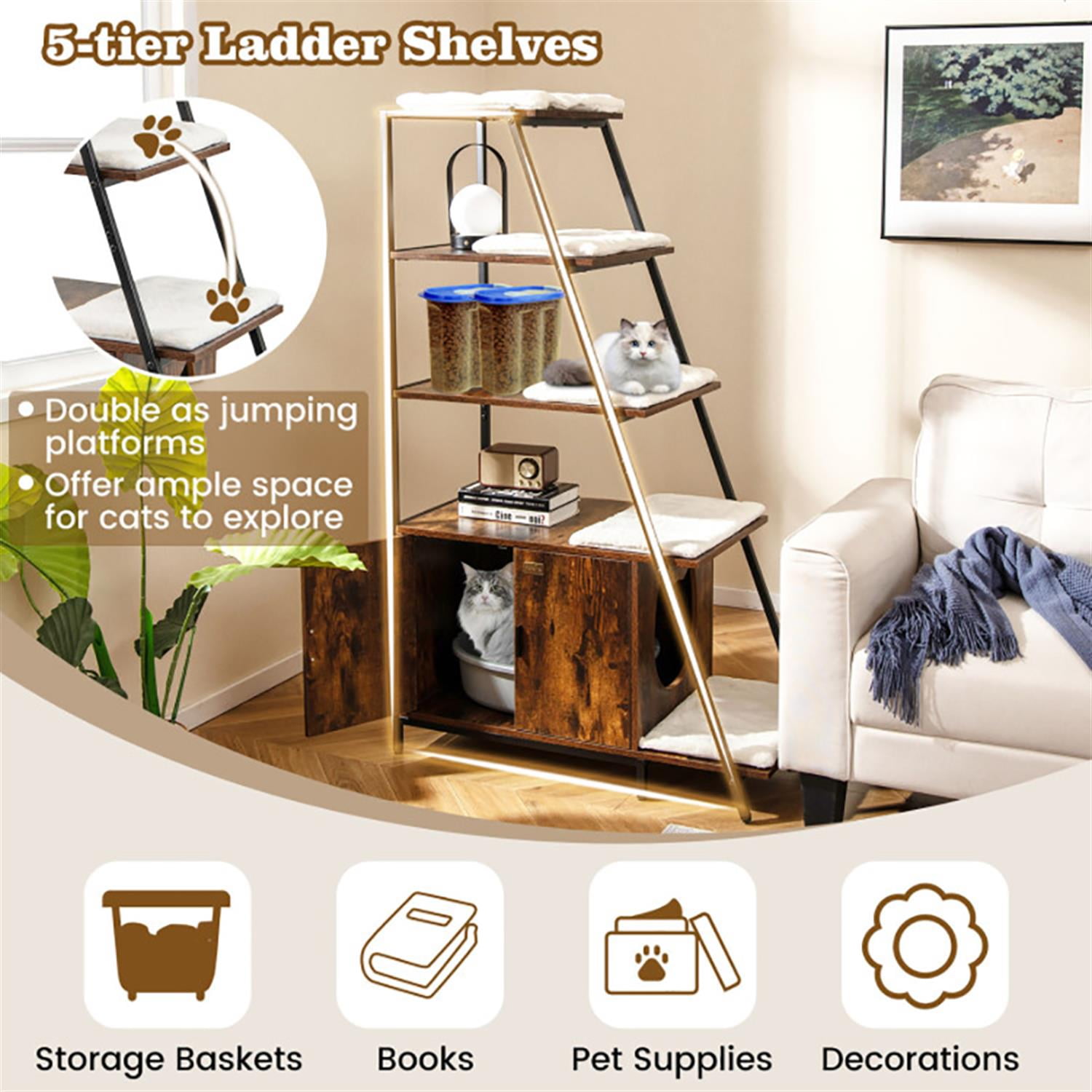 resenkos Large Cat Litter Box Enclosure with Storage and Ladder Shelf, Hidden Litter Box for Cats, Cat House Furniture for Side Table or Nightstand, Brown