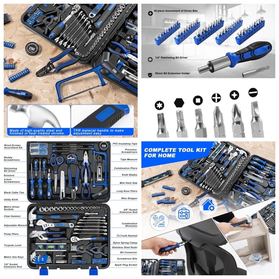 259-Piece Tool Kit, General Household Hand Tool Set with Plastic Storage Toolbox, Portable Complete Repair Tool Box for Home and Car (Blue)
