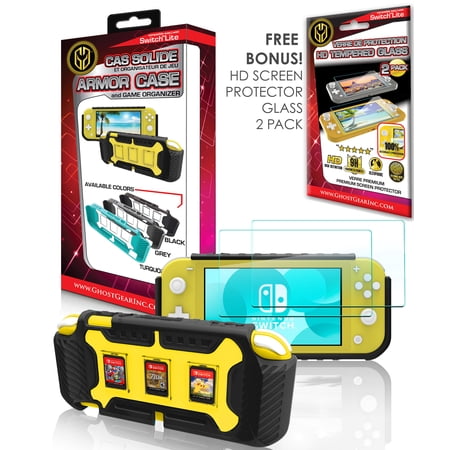 GHOST GEAR™ ARMOR CASE AND 3 GAME ORGANIZER [ BLACK ] with FREE HD SCREEN PROTECTOR TEMPERED GLASS (2-PACK) BUNDLE for Nintendo Switch Lite Accessories