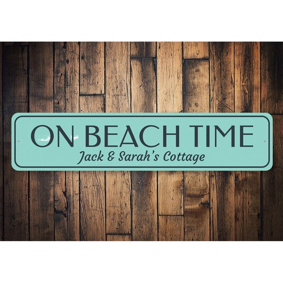On Beach Time Family Name Novelty Decor, Metal Wall Sign - 4x18 Inches