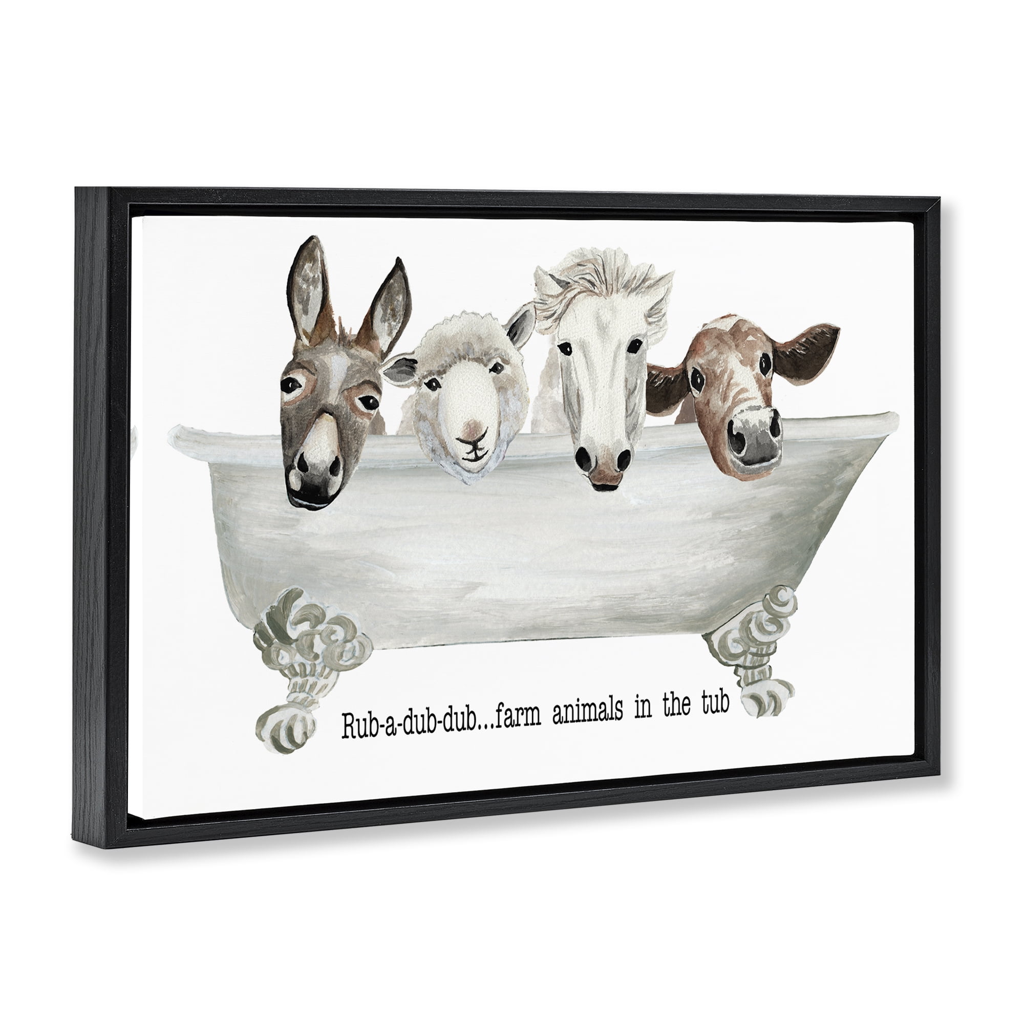 Stupell Industries Farm Animals Tub Bath & Laundry Painting Black Floater Framed Canvas Art Print Wall Art, 31 x 21