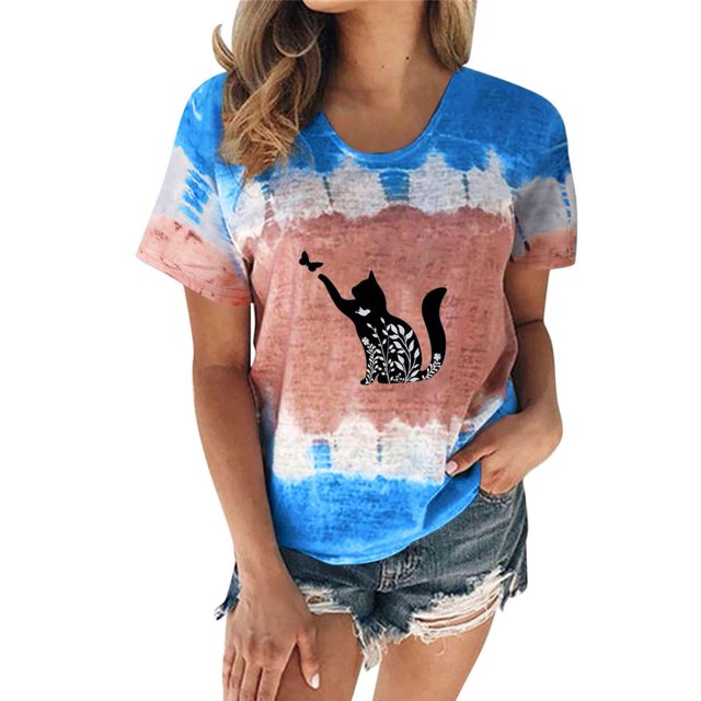 Mujeres Casual Cuello Redondo Manga Corta Estampado Jersey Blusa Camiseta Tops Sueltos OAVQHLG3B Store lin121212