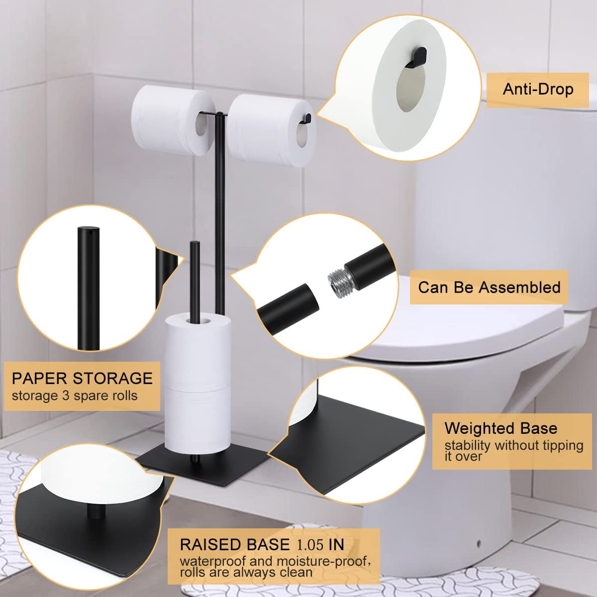 Set of 2 Freestanding T-Shaped Double Bar Toilet Paper Holder with Reserve Holder, Black