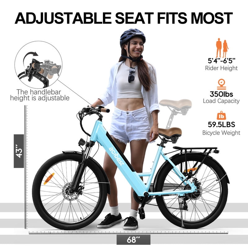 Actbest Electric Bike for Adults, 26" Step-Through Electric Bicycle with 36V 13Ah Removable Battery, 750W Peak Motor Electric Cruiser Bike with 22MPH, 7 Gears & Front Suspension (Blue) with Saddlebag