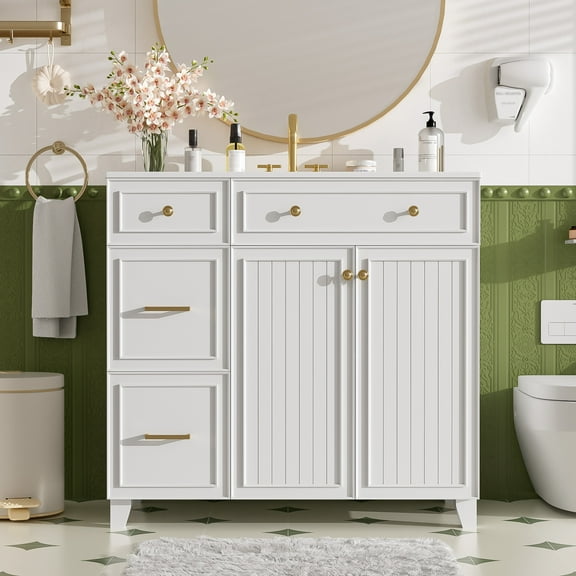 36" Bathroom Vanity with Ceramic Sink, Soft Close Doors, 2 Drawers and Adjustable Shelf, White Storage Cabinet for Small and Medium Bathrooms, Free-Standing Modern Design