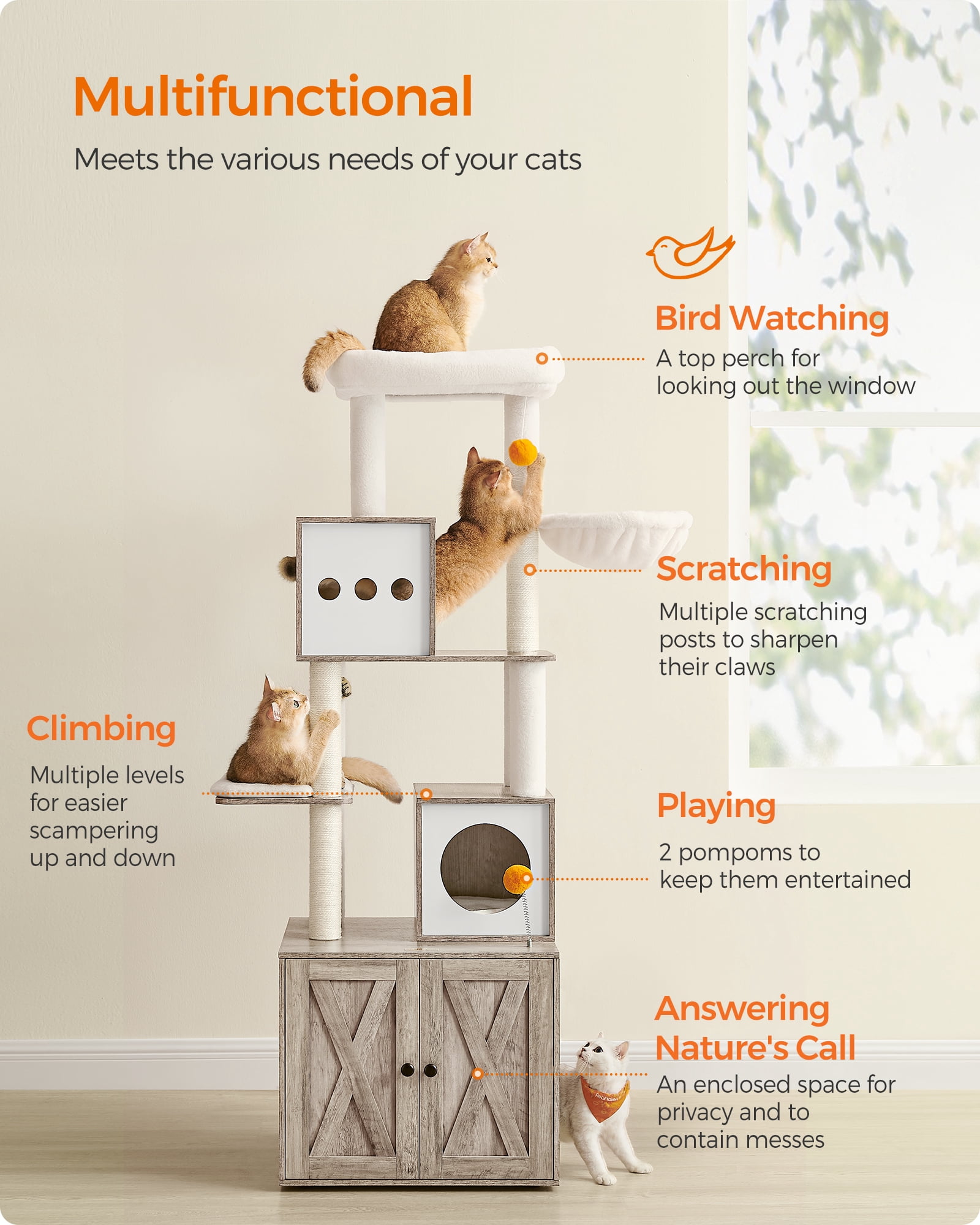 Cat Tree with Litter Box Enclosure - 2-in-1 Modern Cat Tower | 72.8-Inch Tall Condo with Scratching Posts, Perch, Caves, Basket, Washable Cushions, Greige