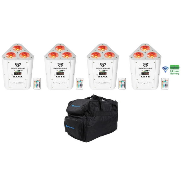 (4) Rockville RockWedge LED White RGBWA UV Rechargeable Wireless DMX Lights Bag