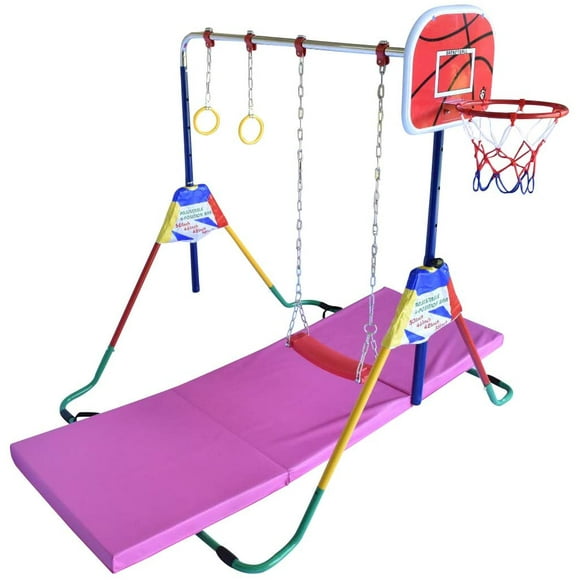 Kids Gymnastics Bar 5 in 1 Jungle Gym Full Playground Set Horizontal Bar Kip Bar - Children Training Playground Folding Monkey Bar Swing Set, Trapeze Rings, Basketball Hoop, Exercise 6 FT x 2 FT Mat