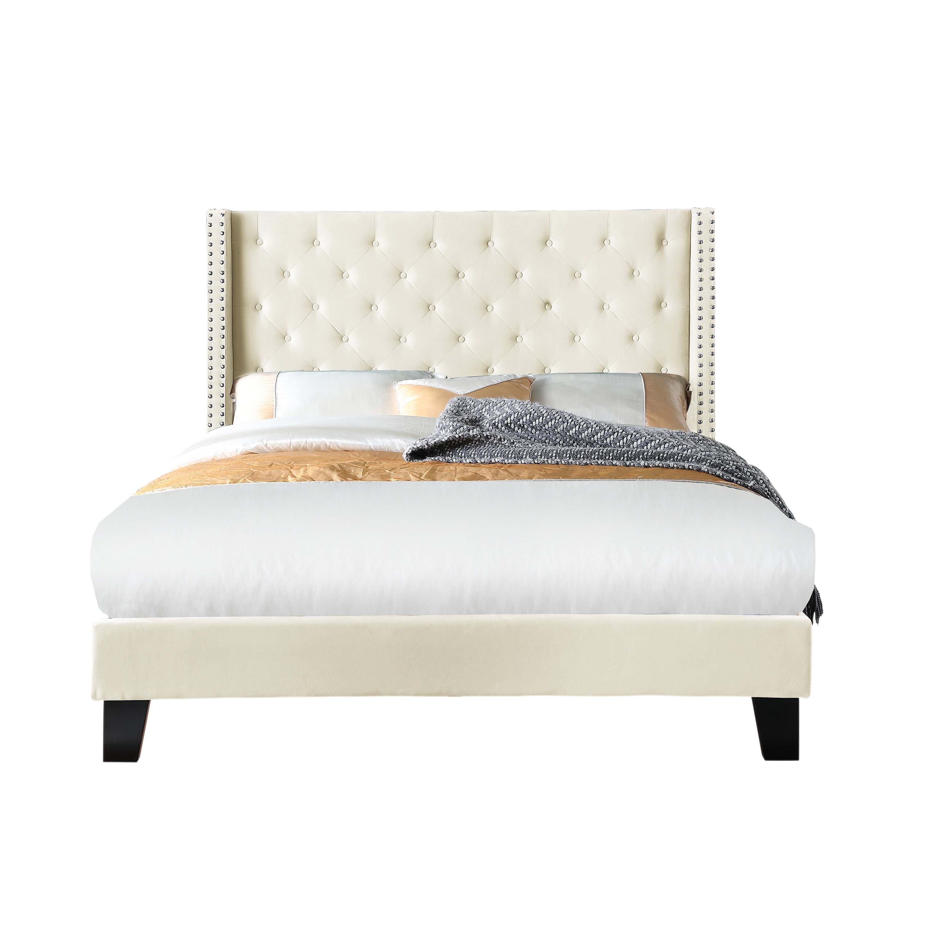 AC Pacific Modern Polyester Beige Full Platform Bed with Nailhead Trim