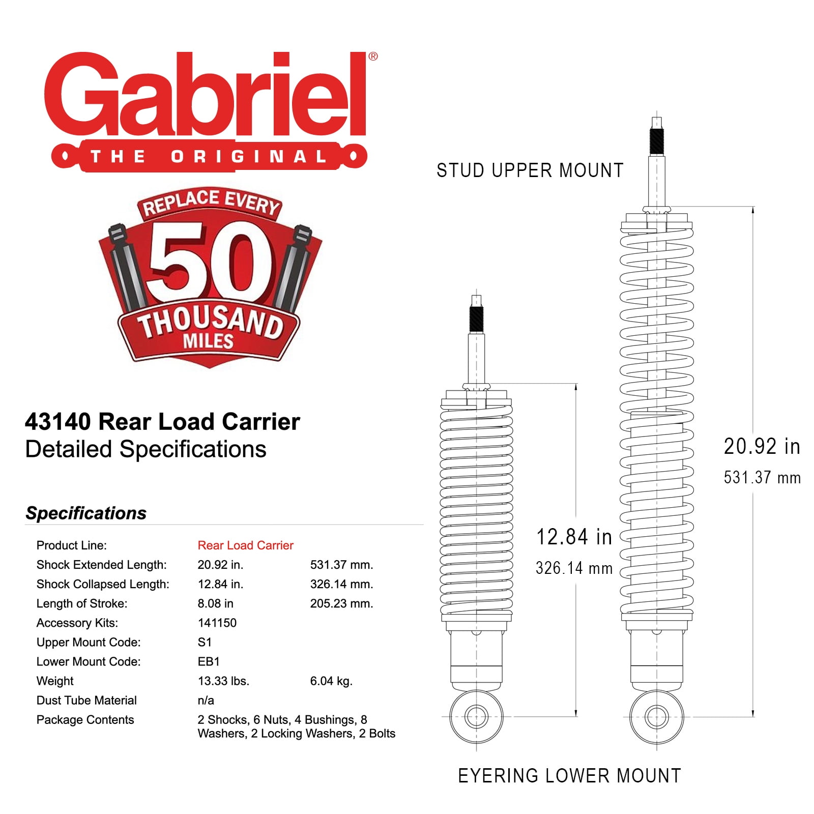 Gabriel 43140 Load Carrier Rear Towing Shock Absorbers Fits Mercury Grand Marquis; American Motors; Buick; Chevrolet; Fiat; Ford; GMC; Isuzu; Lincoln; Nissan; Oldsmobile (1 Pair)