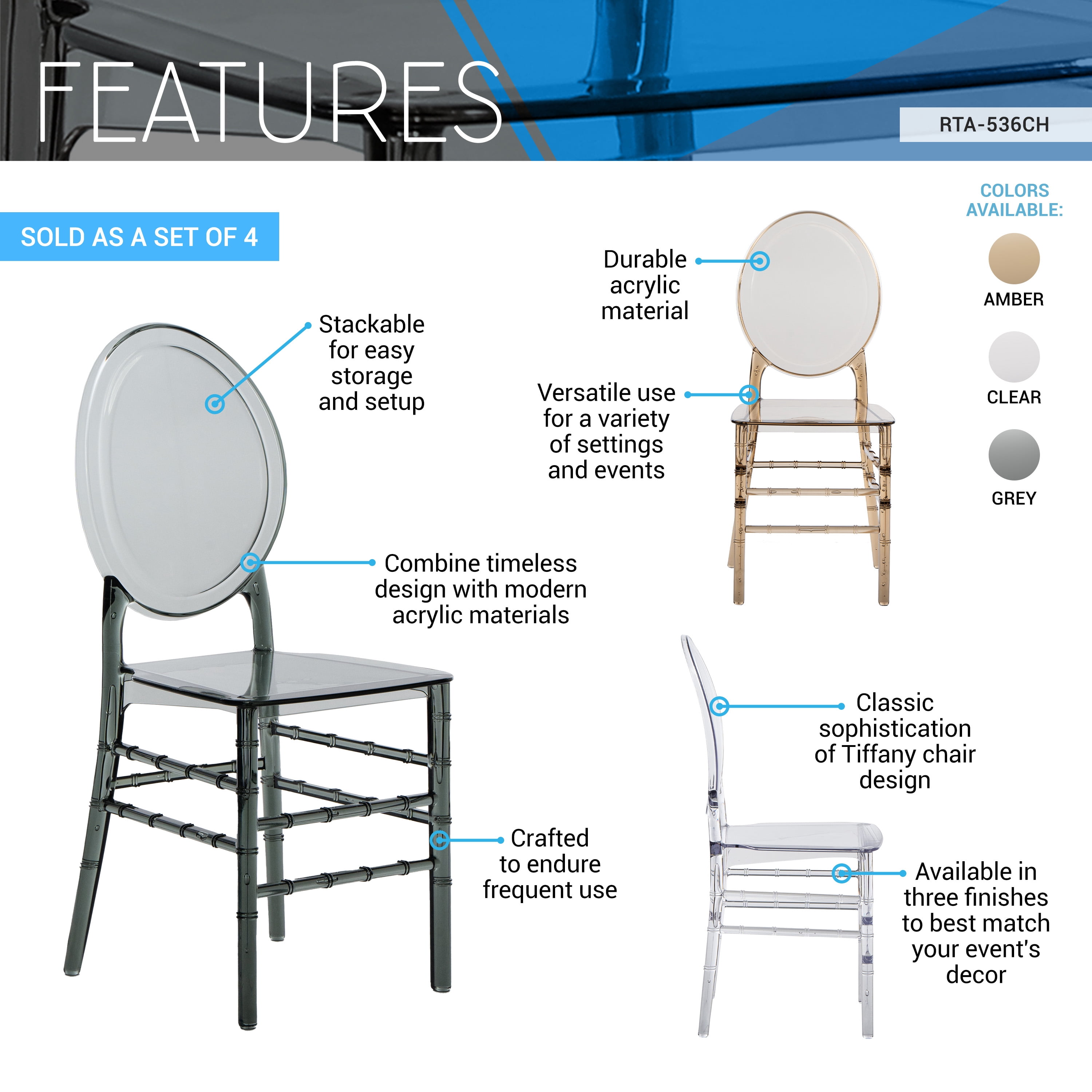 Techni Home Stackable Ghost Style Amber Acrylic Event Chairs – Set of 4